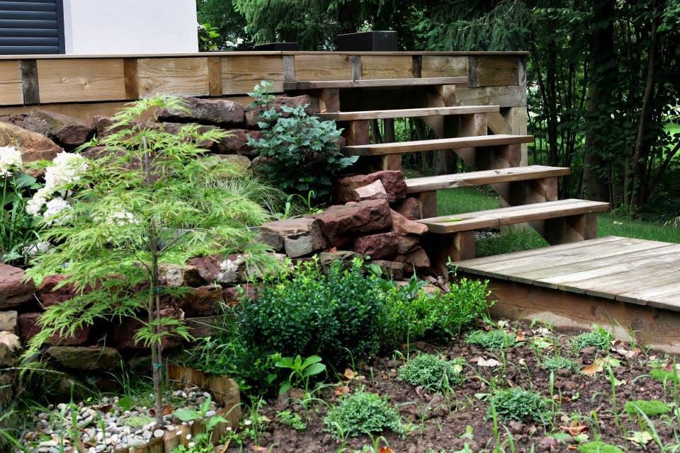 Escalier en bois, muret en grès et érable du Japon
