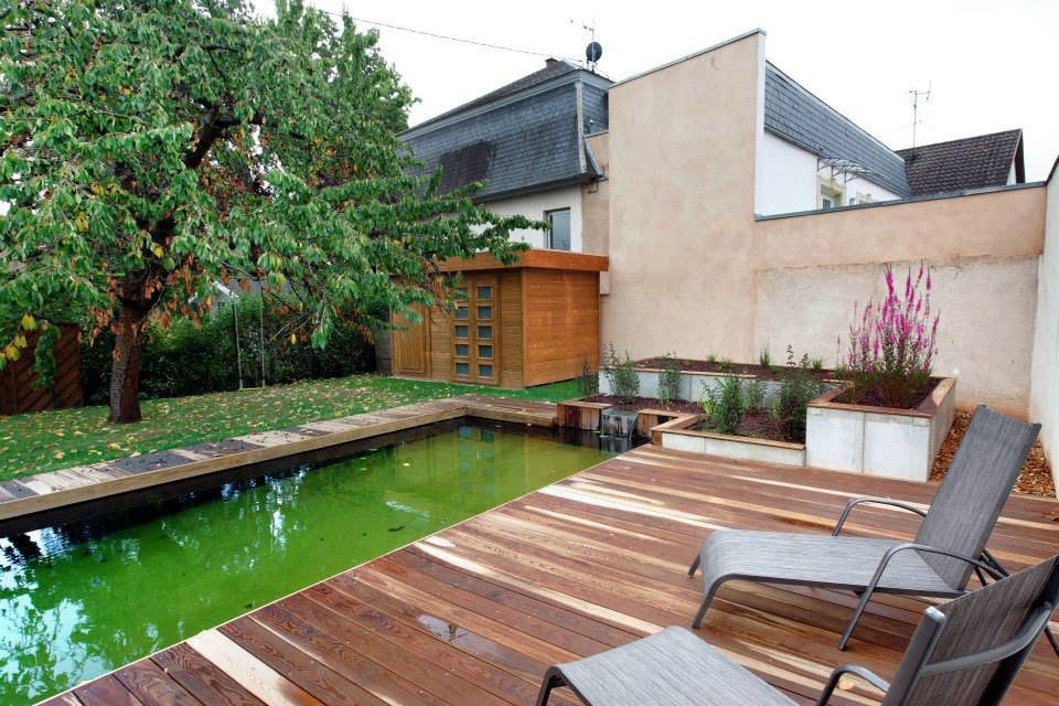 Bassin naturel, terrasse en bois et jardinières